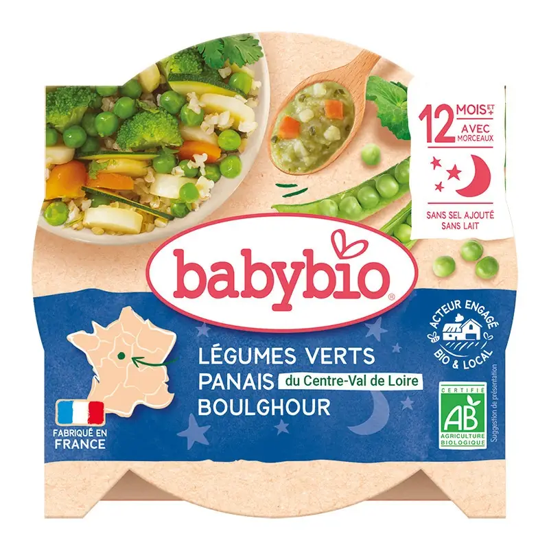 Repas bébé soir Légumes Verts Panais Du Centre-Val De Loire Boulghour - Assiette 230g