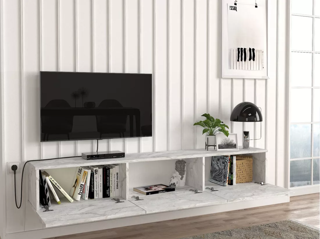 Meuble TV suspendu avec 3 portes - Effet marbre blanc - VIKILA