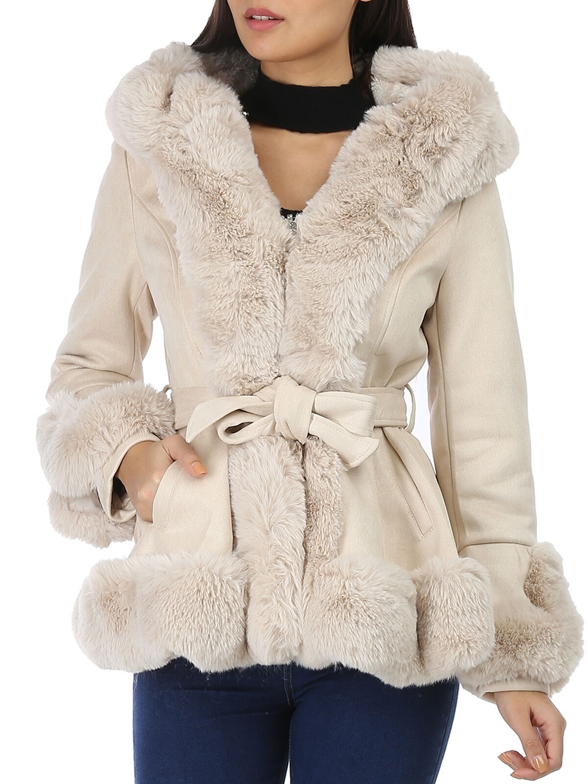 Manteau court en suédine et fourrure à capuche- Beige