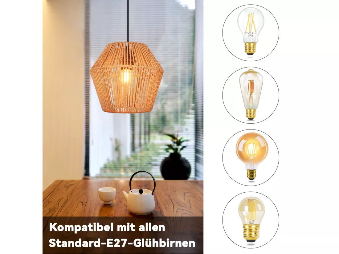 NETTLIFE Lampe à suspension vintage en rotin 150 cm E27 40W