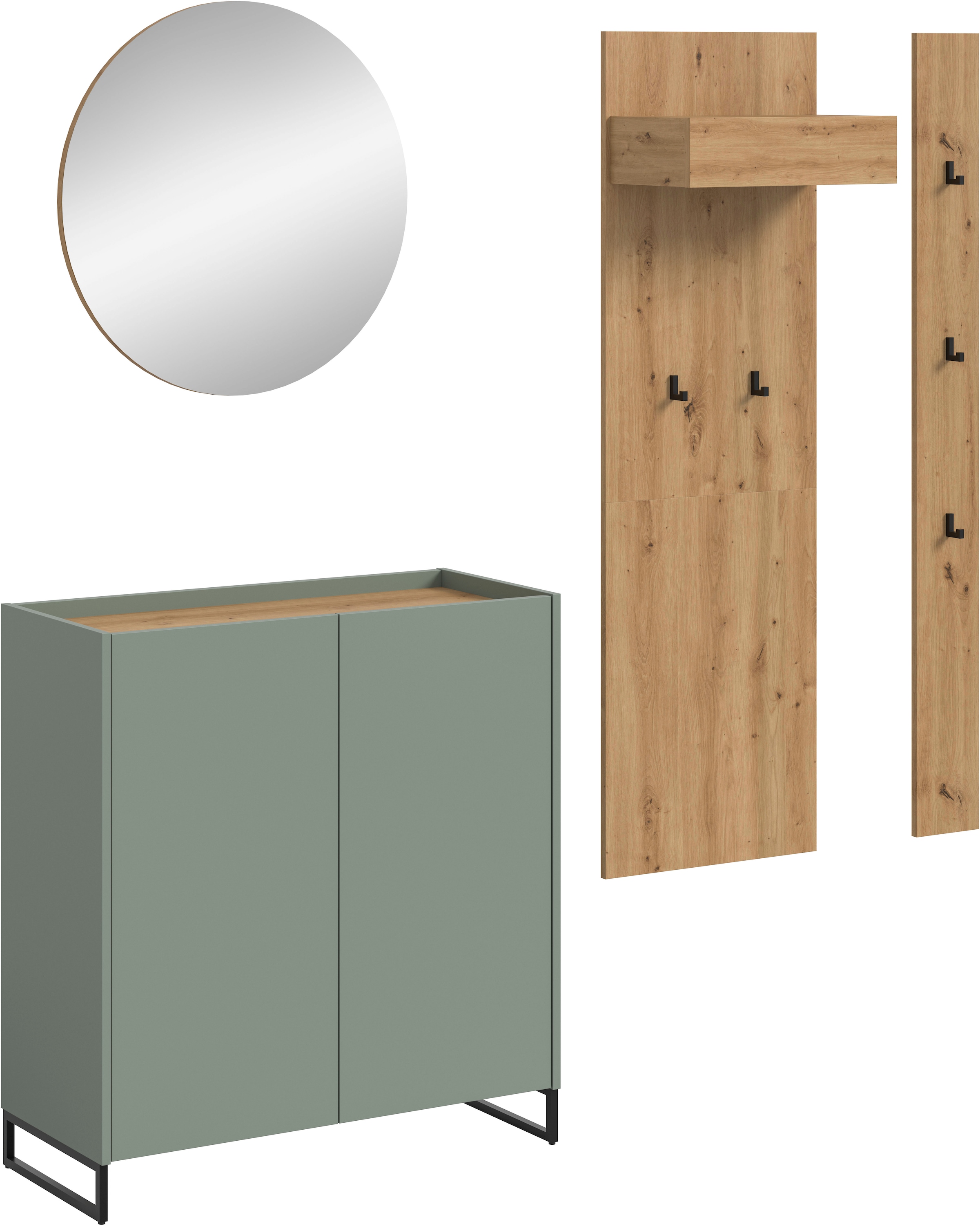INOSIGN Garderoben-Set »EVRID, 4-teilig, Breite 206 cm, individuell stellbar & erweiterbar« best. aus: Kommode, Spiegel, Garderobenpaneel & Hakenleiste, 4 Stk. tlg.
