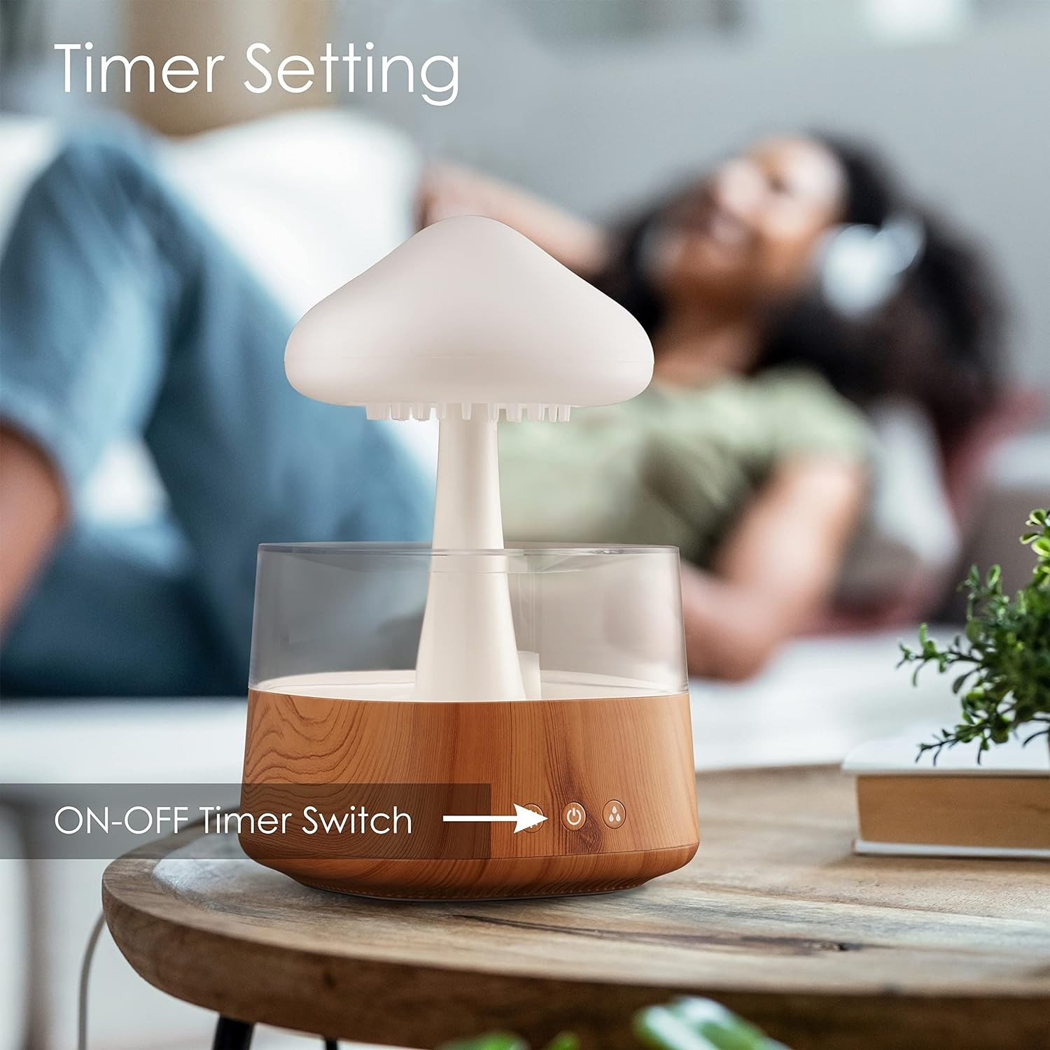 (450ml) USB Pilz Luftbefeuchter Wassertropfen Aroma Öl Diffuser Regen Wolke mit LED Beleuchtung inkl. Fernbedienung - Weiss / Braun