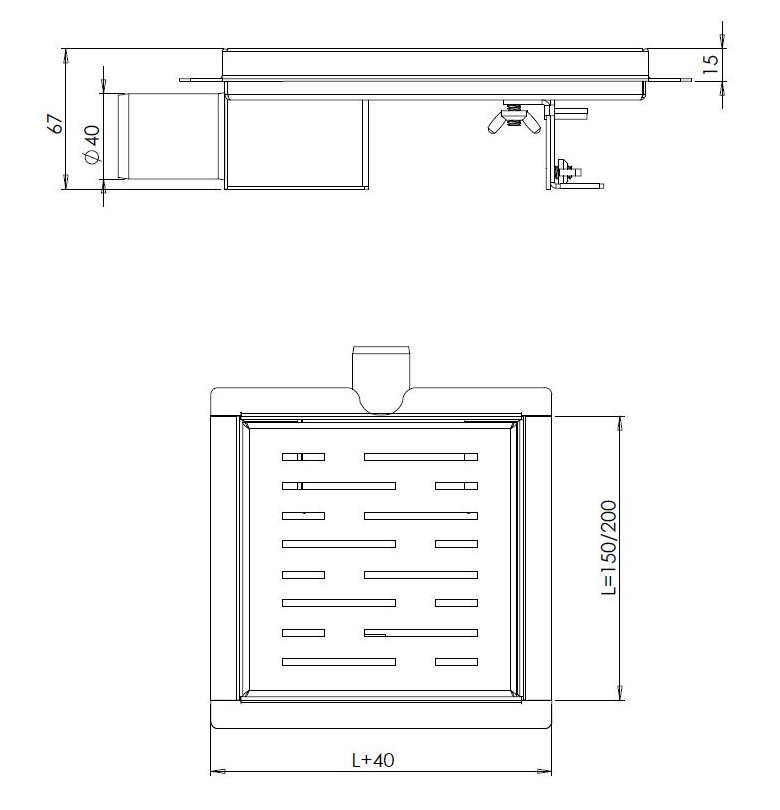 Mueller doucheput met flens en zijuitlaat 15x15cm RVS