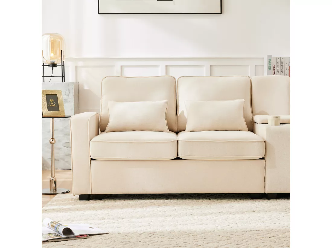 Canapé 4 places - 290 x 83 x 88 cm - avec 2 porte-gobelets, 2 ports USB, 2 poches et 4 coussins - Tissu en lin - Beige