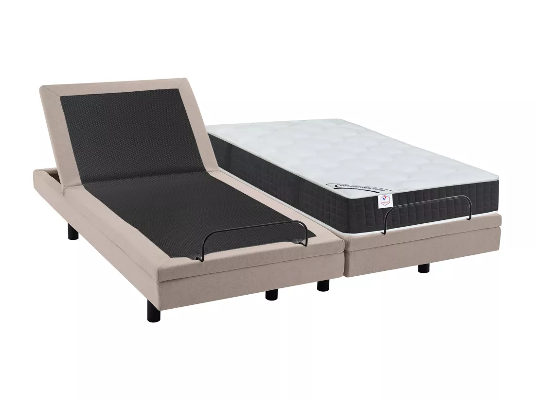 Lit électrique de relaxation déco + matelas ressorts ensachés et mémoire de forme - 2 x 90 x 200 cm - Tissu - Beige - RIZALI de YSMÉE