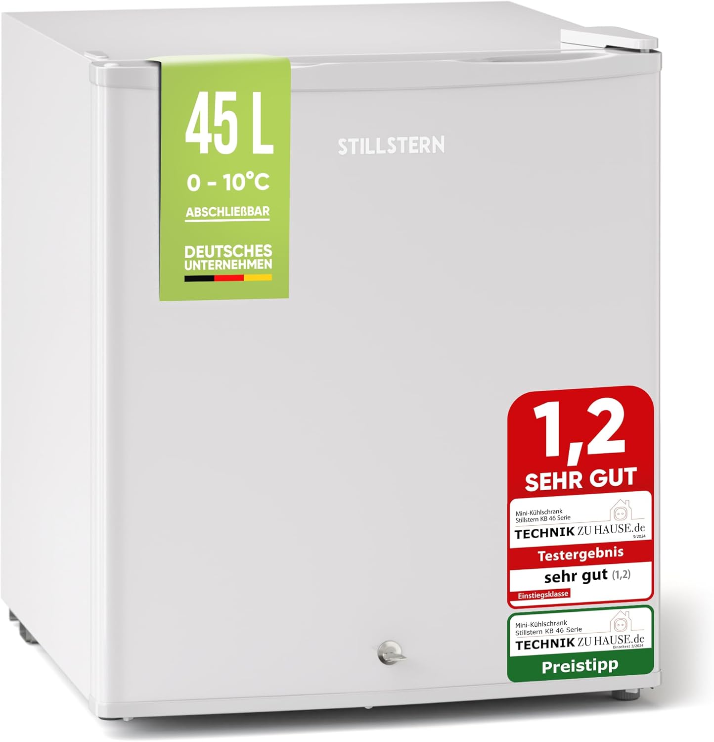 Stillstern Mini Kühlschrank E 45L mit Abtauautomatik, Schloss, Frostfach, Leise, Ideal für Küche, Büro, Schlafzimmer, Hotels und kleine Wohnungen Kühlschrank klein Minibar Getränkekühlschrank Weiß