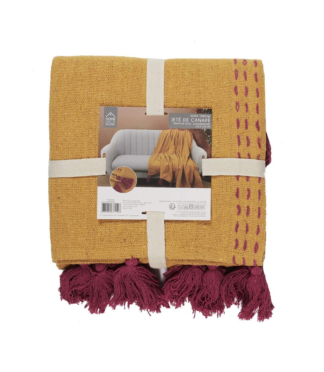 Jeté de canapé surpiqué avec Pompons - Jaune et rose