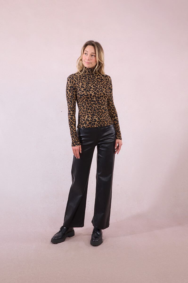 MOLLY BRACKEN<br>Suéter de gola alta fino, estampa de leopardo