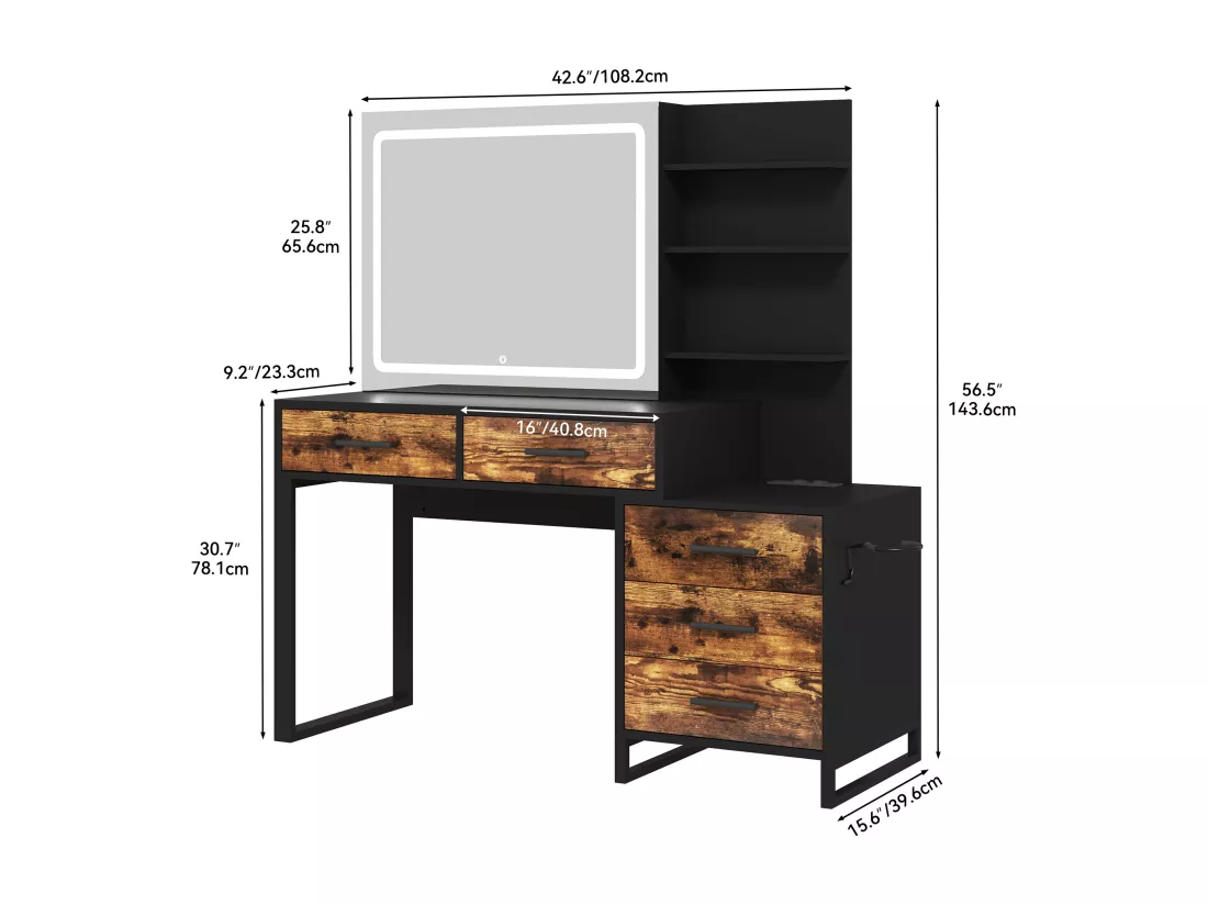 YITAHOME Coiffeuse avec Éclairage LED - Miroir Coulissant - 3 Couleurs avec Luminosité Réglable - Table avec Tiroirs - Brun Rustique