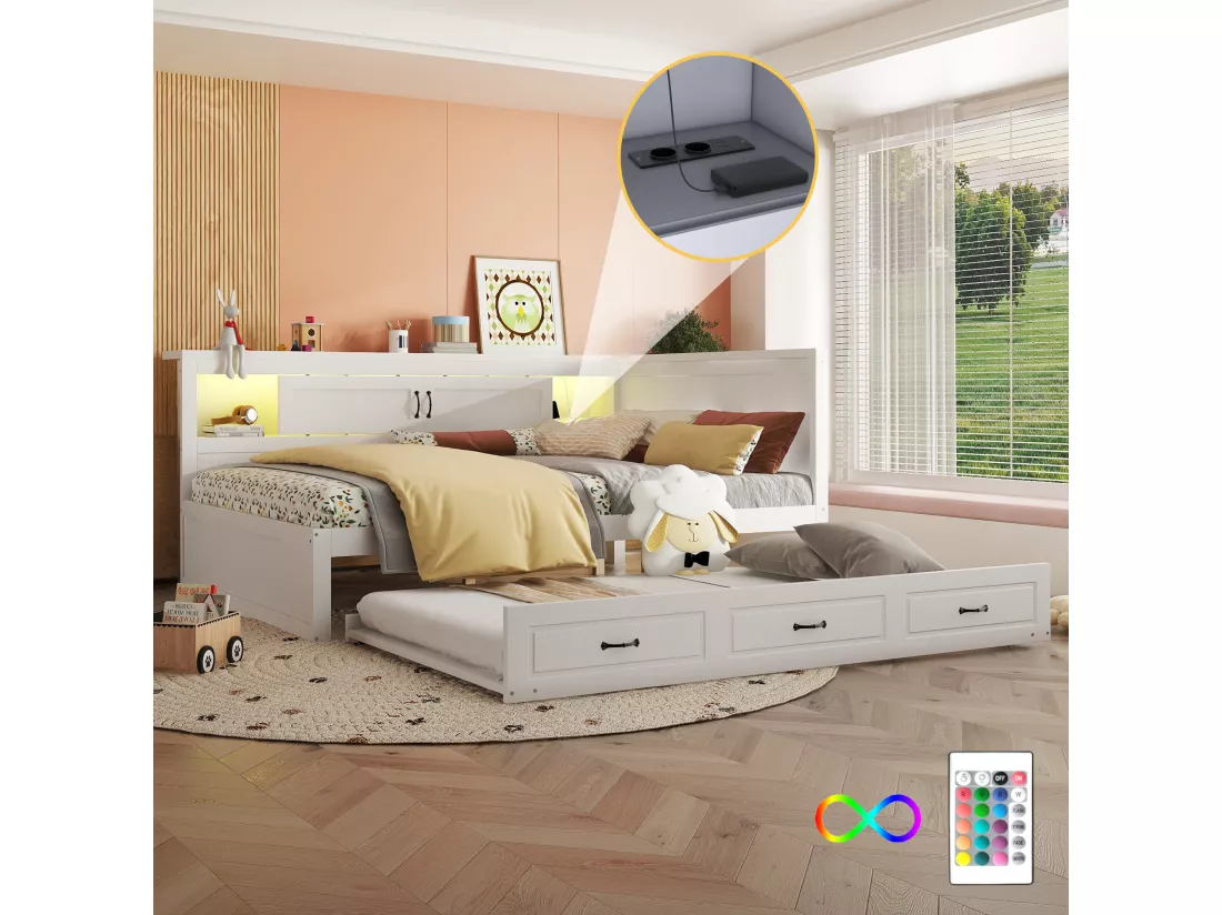 Lit banquette 140x200cm avec LED et prises - avec un lit gigogne 90x190cm - Blanc
