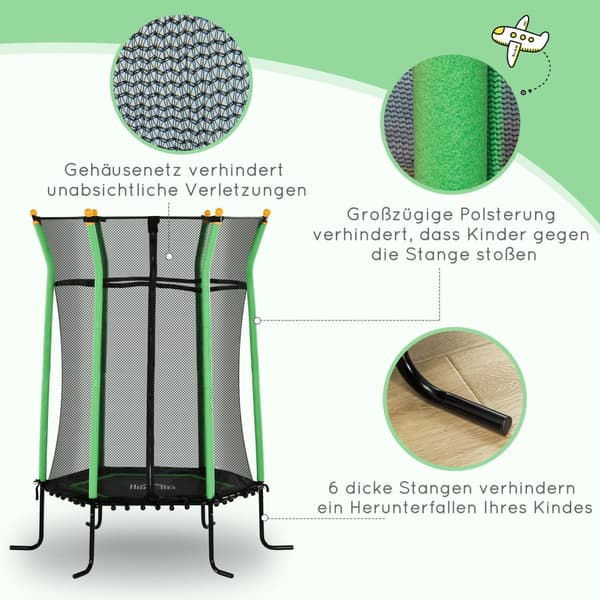 Barnetrampolin Ø163,5 cm, innendørs trampoline med sikkerhetsnett kantdeksel gummitau, barn trampoline inntil 50 kg, for barn 3-10 år grønn