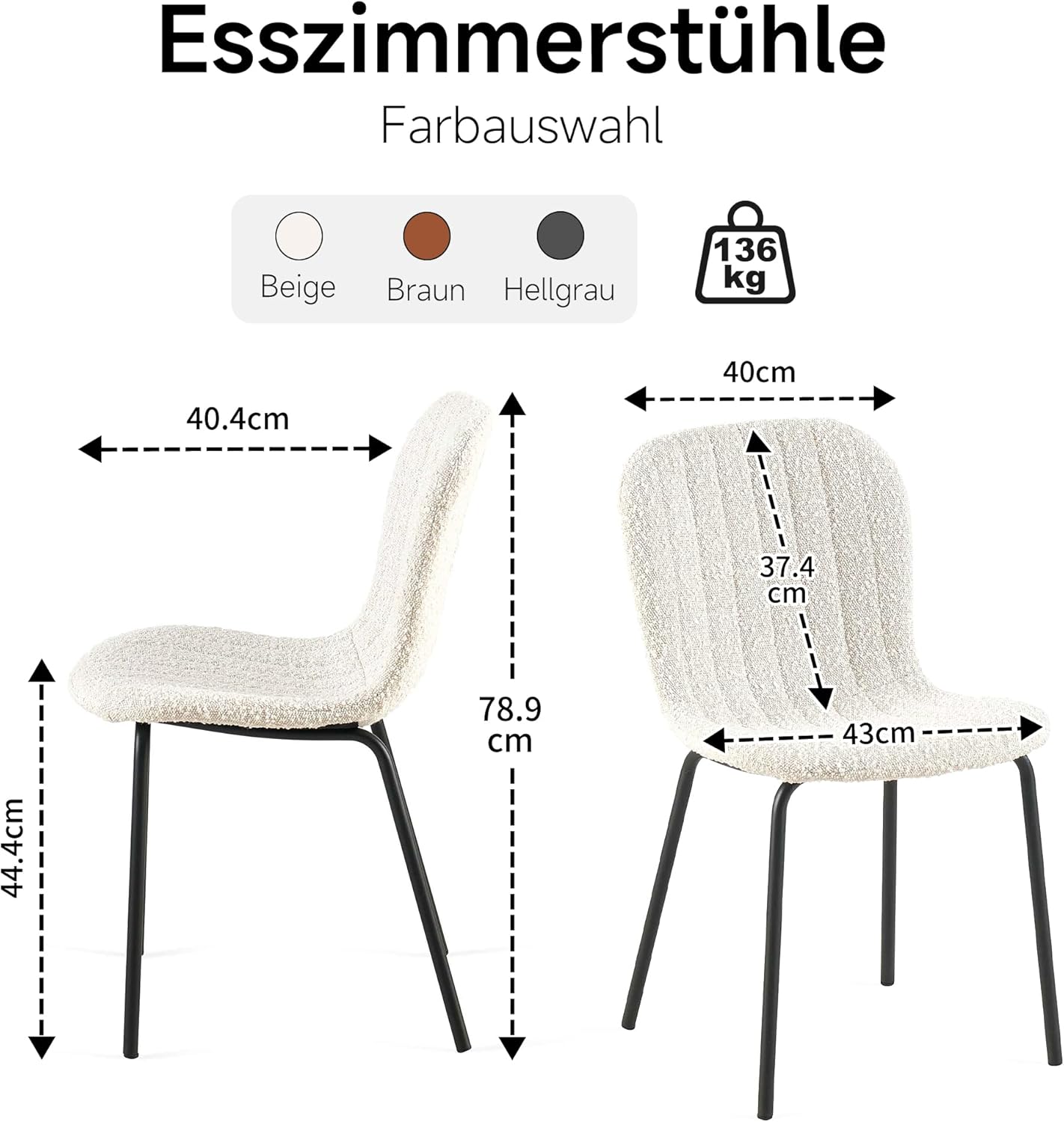 NORDICANA Esszimmerstühle 4er Set, Küchenstühle, Boucle Stuhl, Essstuhl, Retro Design, Metallbeine, für Esszimmer, Wohnzimmer, Küche, Schlafzimmer und Empfangsraum (Beige)