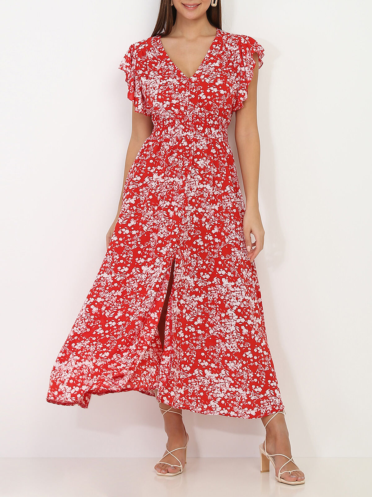 Robe volantée à boutons et motif fleurs- Rouge