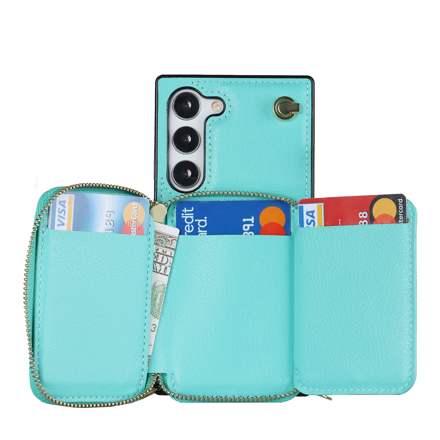 Samsung Galaxy S23 5G Necklace Leder Schutz Hülle mit Kartenfächer   Handykette (140cm) - Türkis