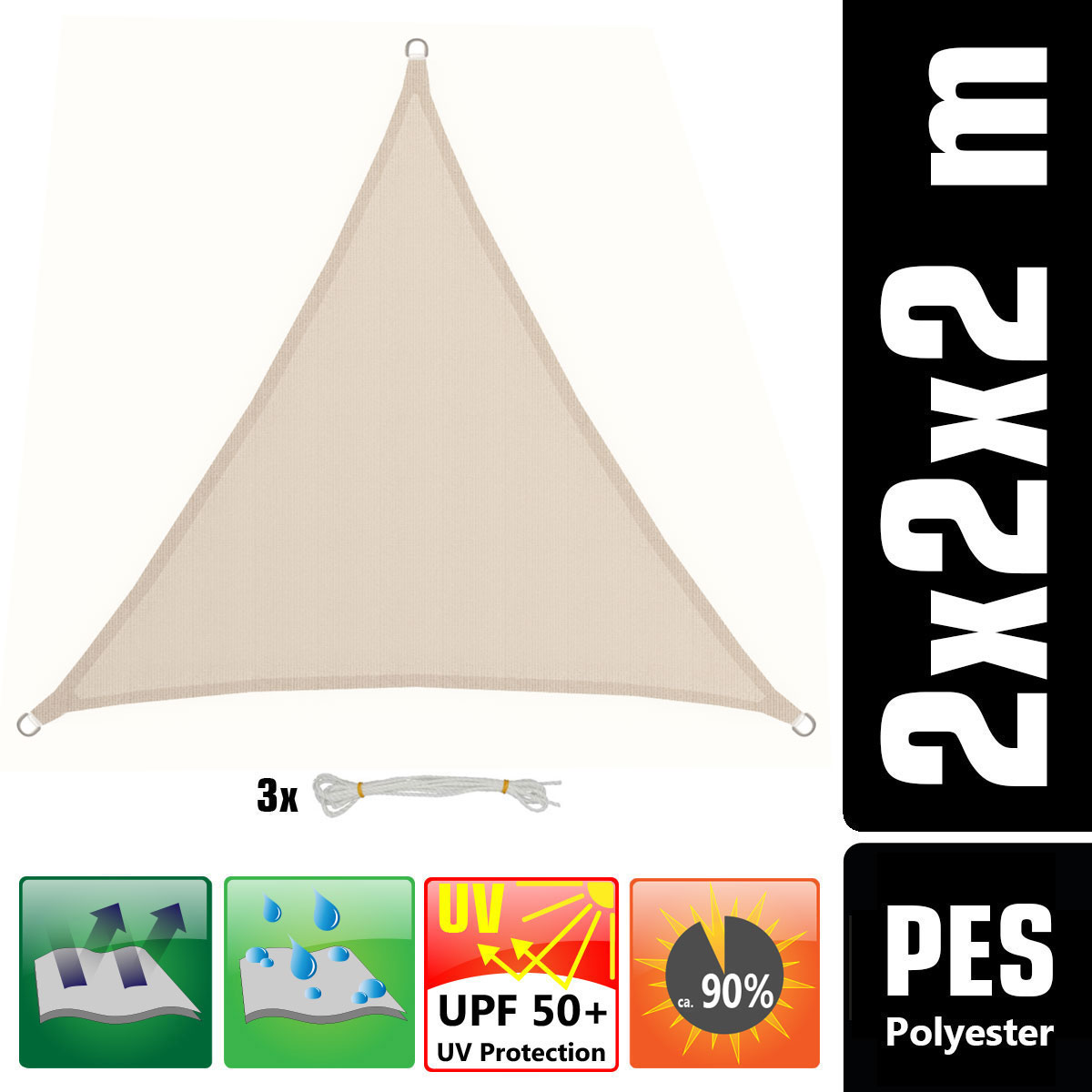 AMANKA 2 x 2 x 2 waterdicht schaduwdoek + bevestigingsset - Beige