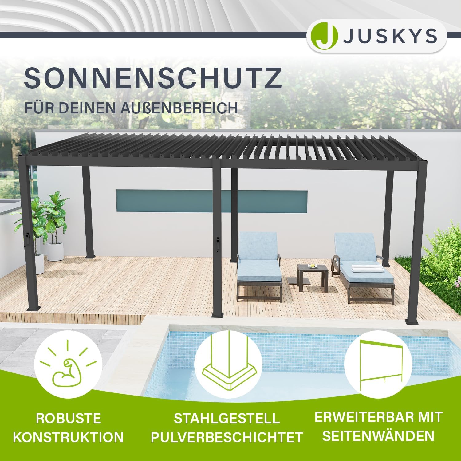 Juskys Lamellendach Tahiti 3x5,9 m - Stahl Pergola - Terrassenüberdachung stabil & wetterfest - Überdachung für Garten & Terrasse - Bausatz Anthrazit