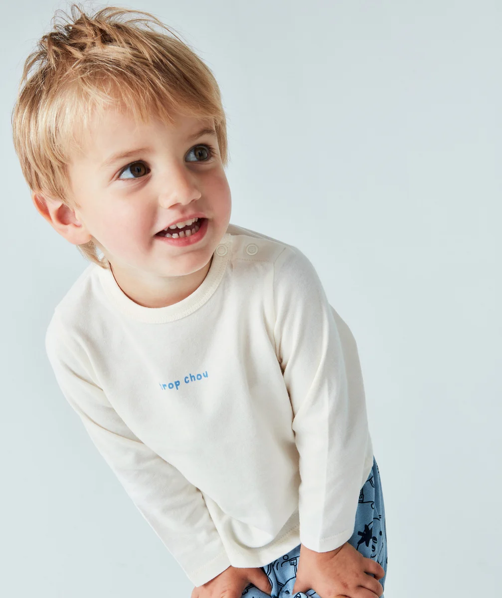 T-SHIRT BÉBÉ GARÇON ÉCRU EN COTON BIO AVEC MESSAGE BLEU