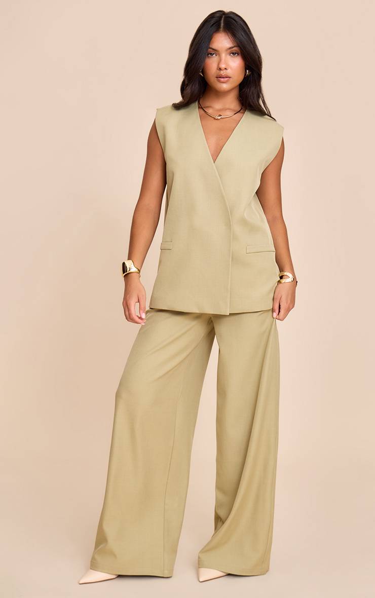 Sage Khaki Pantalon Large Tissé À Jambes Ultra Larges Plissé Taille Mi-haute