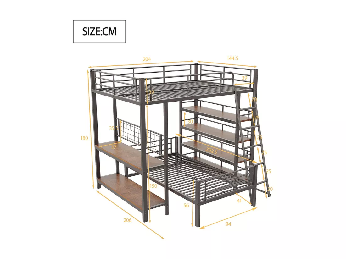 Lit superposé, cadre en métal, lit en mezzanine, 140*200, lit multifonctionnel avec plusieurs compartiments de rangement, noir