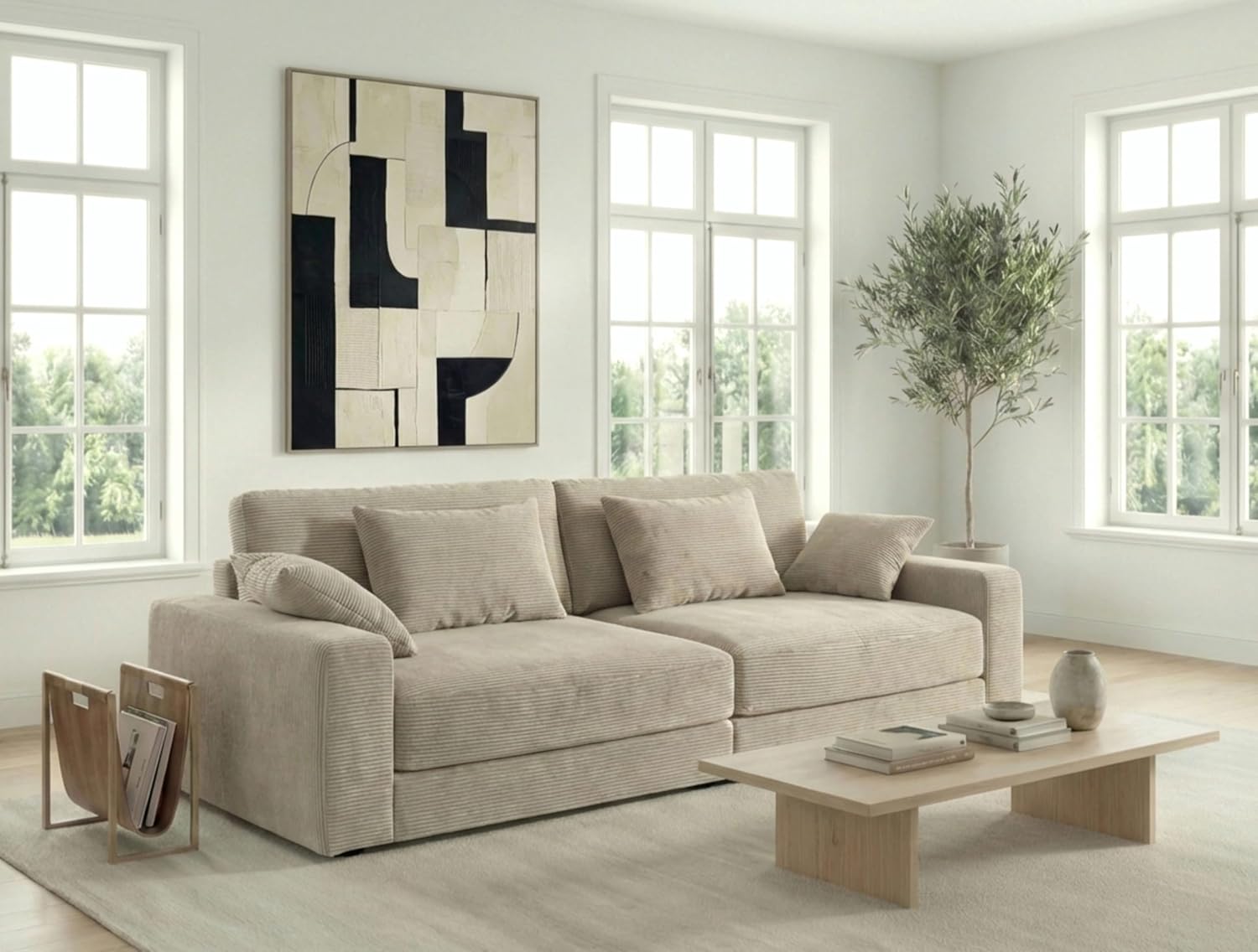 Großes Big-Sofa mit Bonellfederkern-Polsterung B290/T135/H90 cm, Lounge-Couch mit Rückenkissen und Zierkissen, weicher und robuster Trend-Bezug aus Cord in Beige Grau / 15251