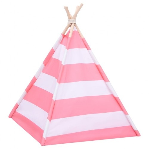 Tenda de descanso listrada para gatos em branco e rosa.