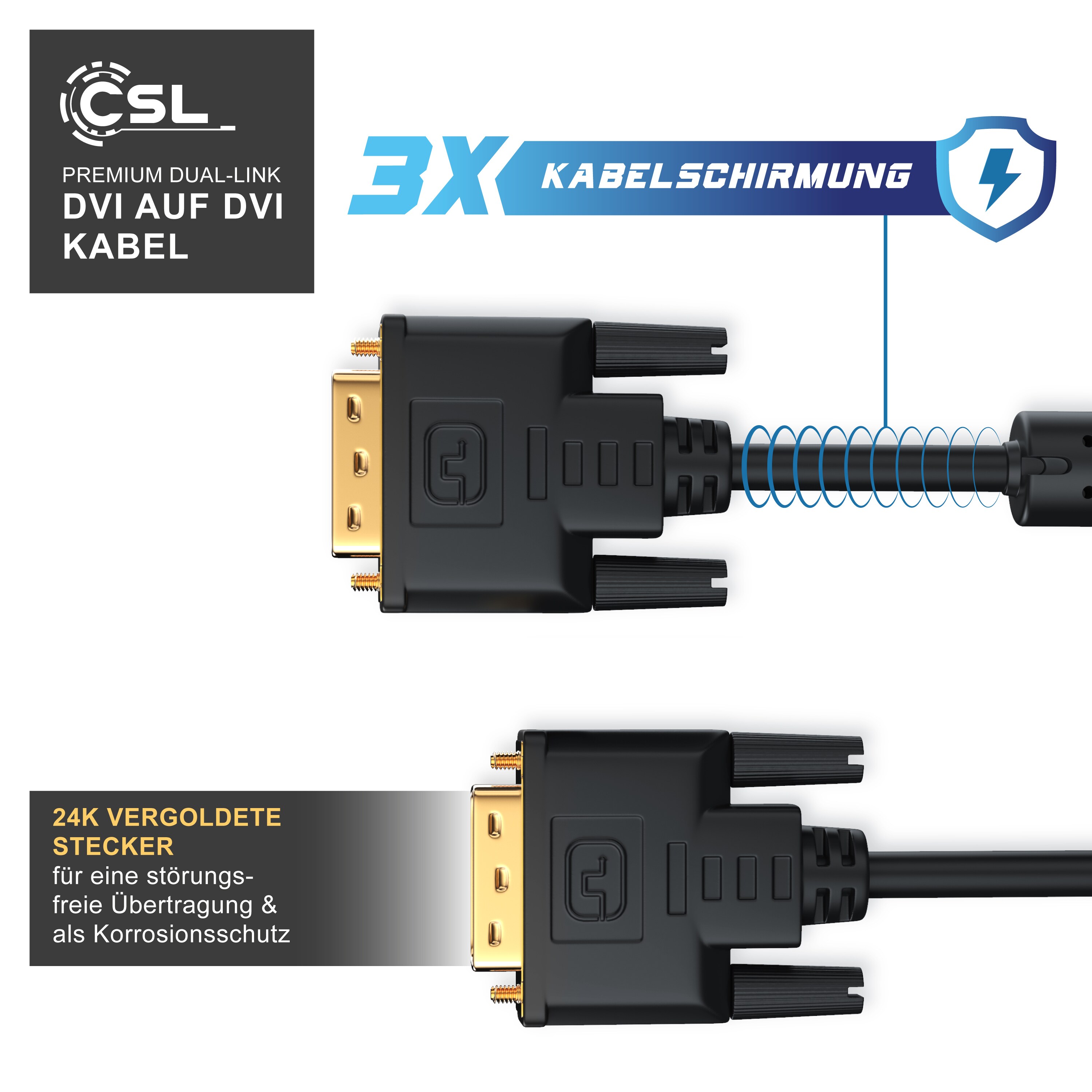 CSL DVI-D (DL) Video-Kabel, Monitor Verbindungskabel Dual-Link 24+1 Auflösung bis 2560x1600 - 1,5m