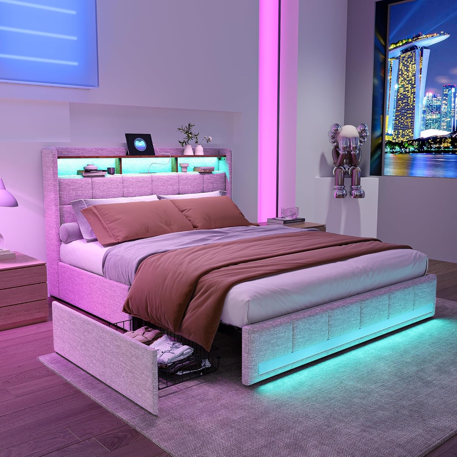 Bett 160x200 mit Lattenrost, Doppelbett mit Stauraum, Polsterbett 160x200cm, LED-Beleuchtung, 4 Schubladen, USB- und Typ-C-Anschlüsse, Beiger Stoff, modernes Stauraumbett