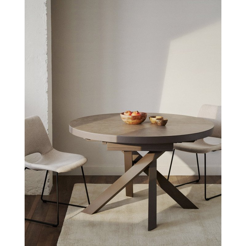 Table Vashti ronde en grès cerame et pieds marrons Ø 120 (160) cm