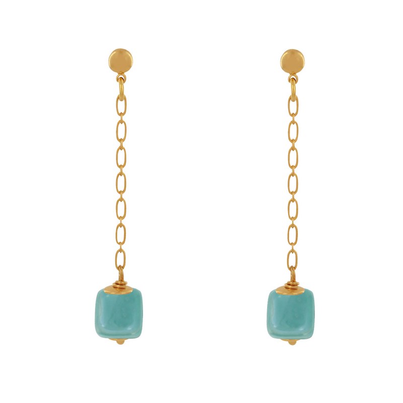 Boucles d'Oreilles Chainette Laiton Doré et Cube en Céramique