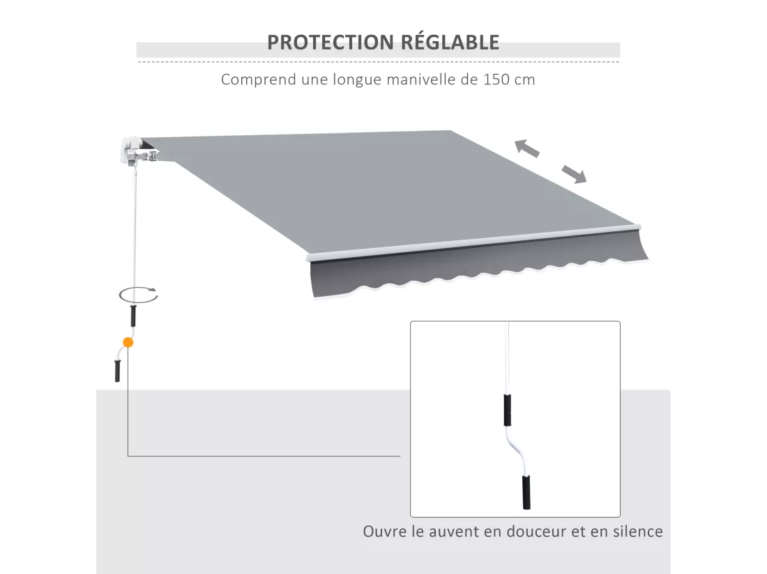 Store banne manuel rétractable alu. polyester imperméabilisé haute densité 4 x 2,5 m gris