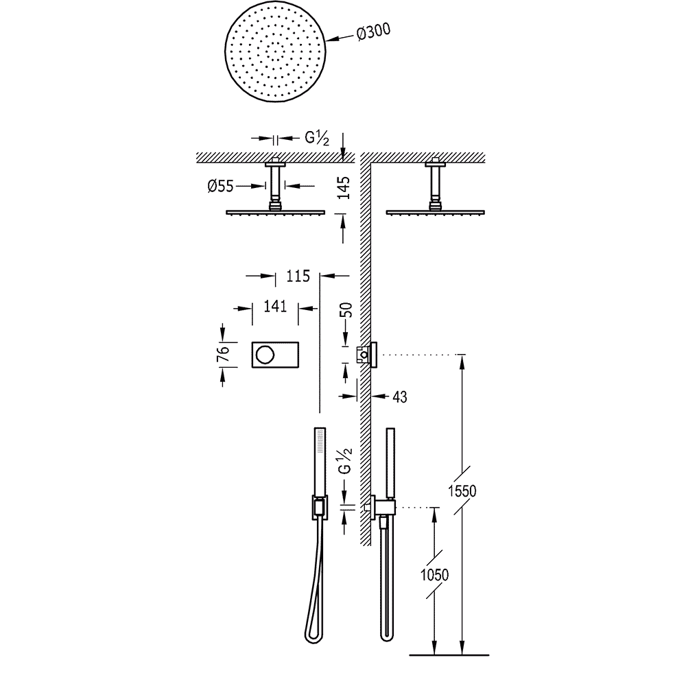 Tres Shower Technology elektronische inbouwthermostaat met regendouche 30cm met plafondarm en handdouche mat zwart