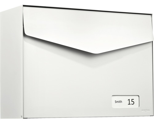 MEFA brievenbus, gepoedercoat staal, BxHxD 430x312x178 mm, Letter 113, zuiver wit RAL 9010, zijdemat, met naamplaatje en klep
