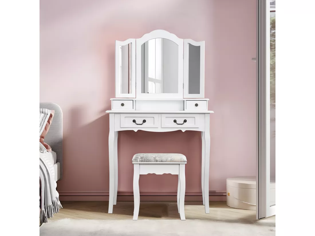 Coiffeuse, avec Tabouret, 3 miroirs, Miroir Pivotant et 4 tiroirs, Idéale pour Enfants et Adultes, Blanc