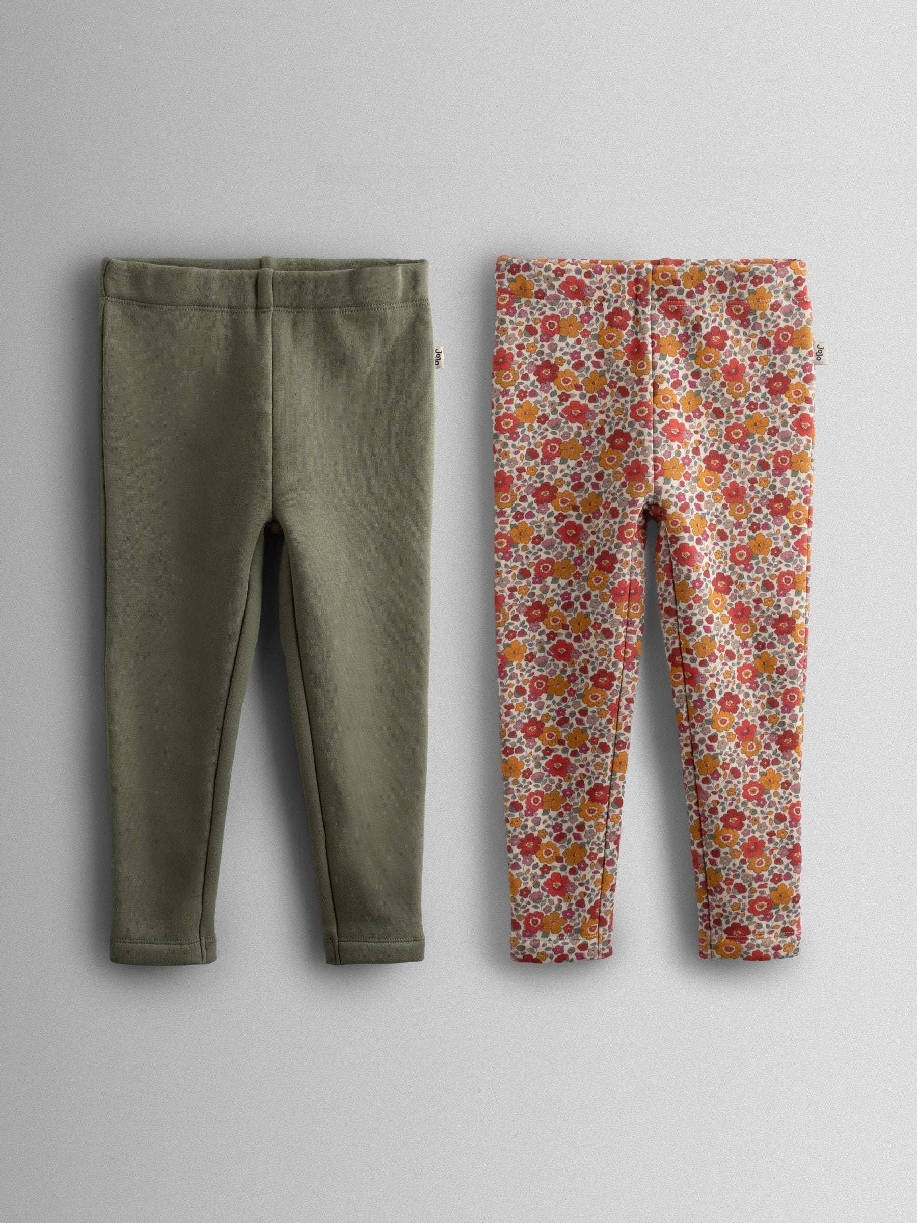 Kaki met bloemenprint - JoJo Maman Bébé Fleece-Lined Printed Leggings 2 Pack