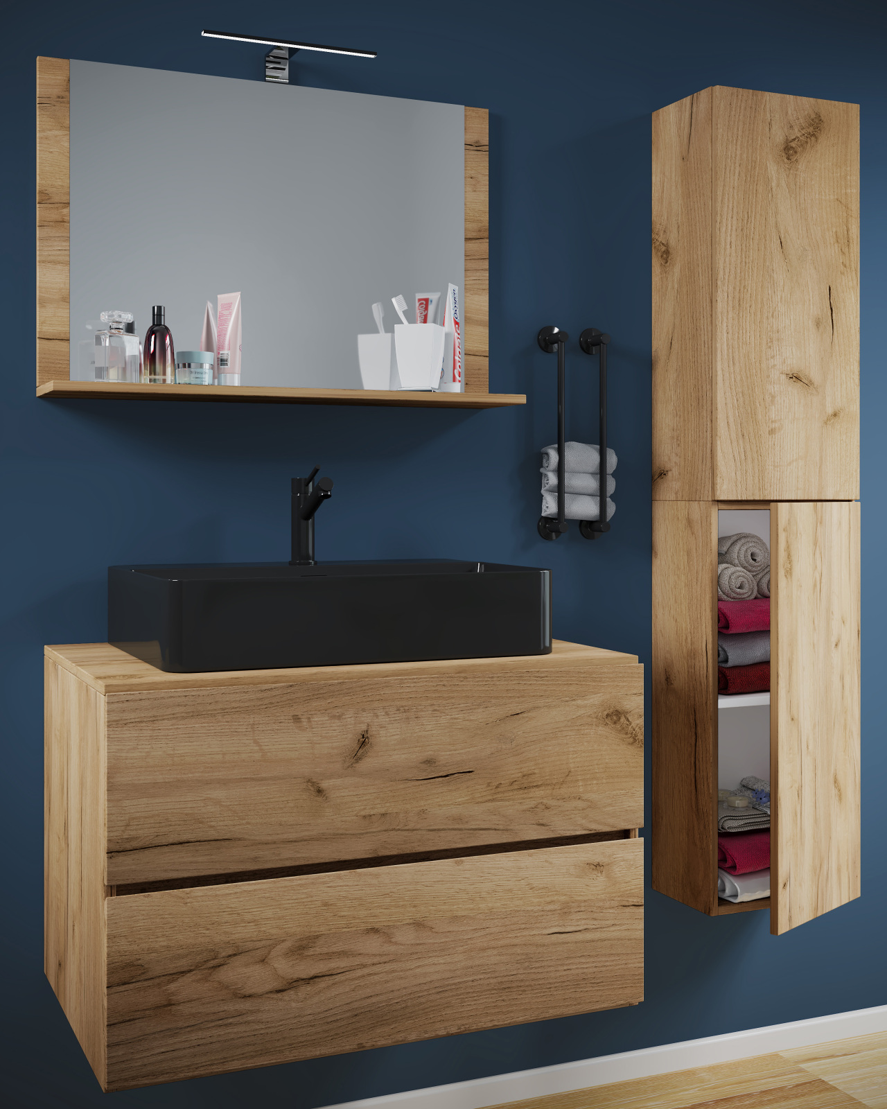 4-teiliges Badmöbel-Set LENDAS BL L - Honig-Eiche - mit Hochschrank - 114 cm