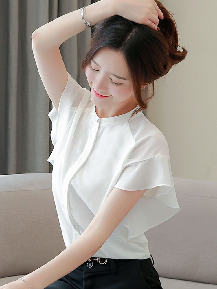 Dragan Pulse - Flutter Sleeve Band Collar Plain Chiffon Shirt