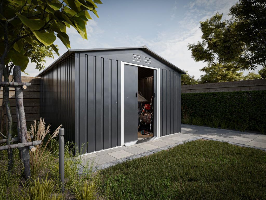 Outgarden Metall-Gerätehaus Max Anthrazit | 8,3 m² | Verzinkter Stahl | Satteldach | Doppeltür | Wetterfest | Gartenschuppen Metall | Schuppen Garten