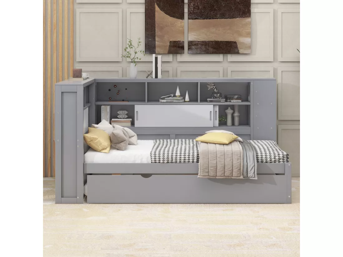 Lit gigogne en bois 90x200cm avec Ports de charge USB - entouré d'un cercle de rangements - Gris