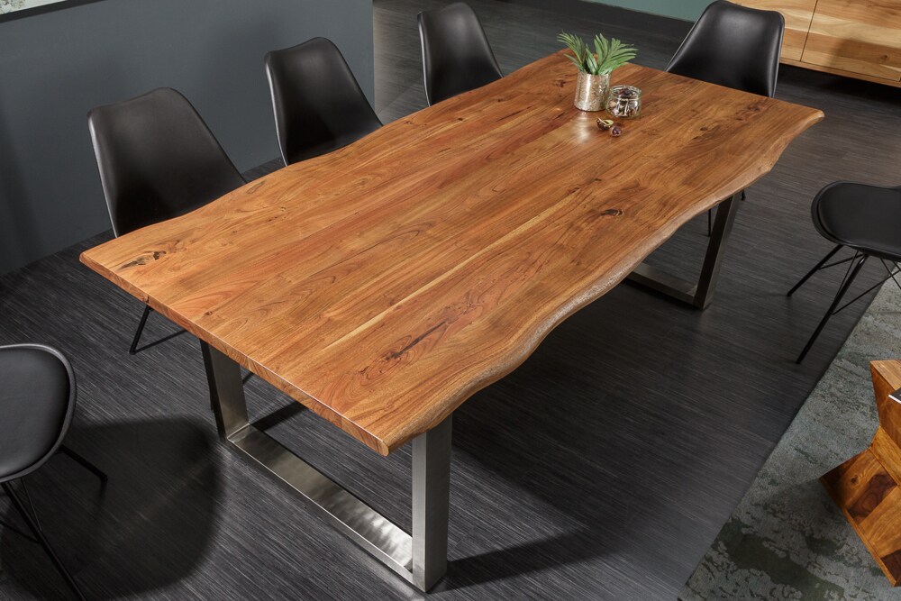 riess-ambiente Esstisch MAMMUT NATURE- 160cm Akazie Edelstahl Baumkante 3,5cm Tischplatte Massivholz