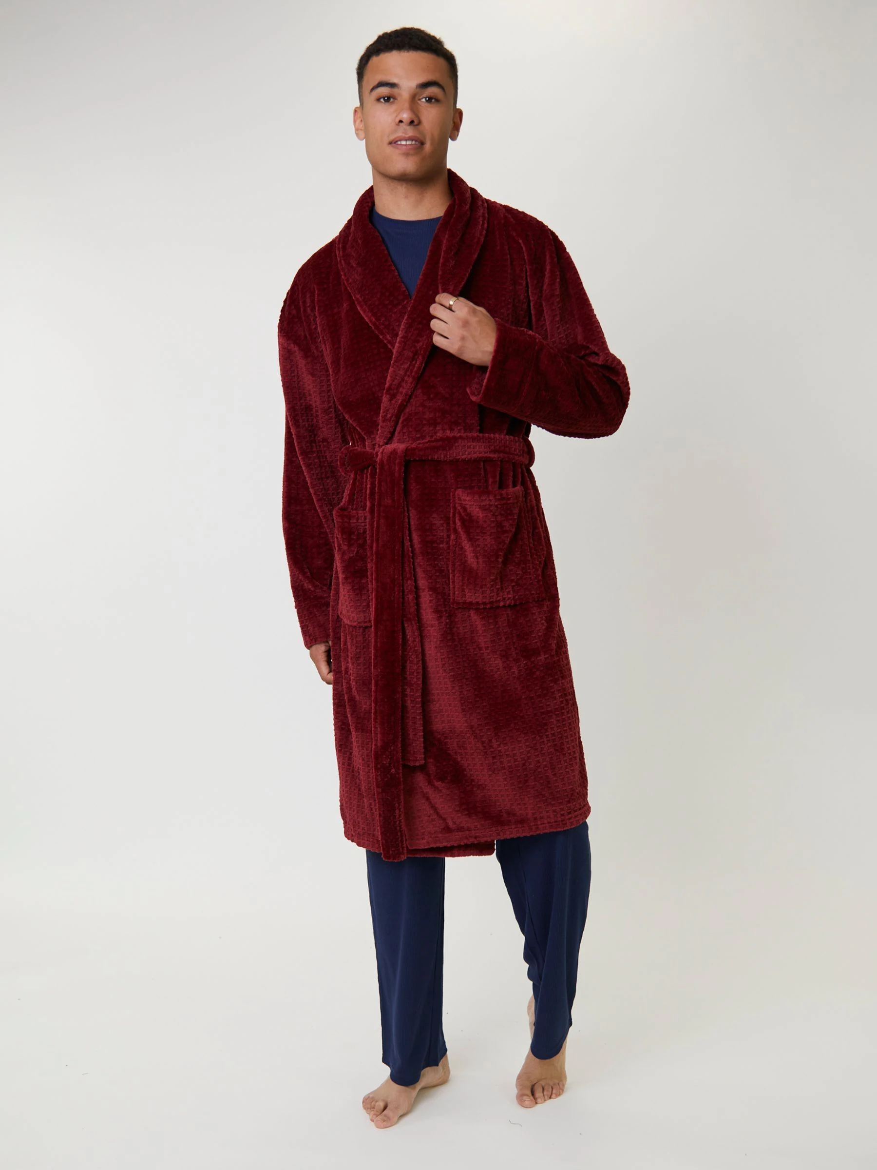 Rood - Loungeable wafelstof fleece kamerjas met sjaalkraag