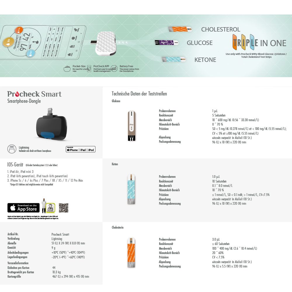 Procheck Smart Multi Dongle im Starterset- inkl. Cholesterin, Keton, Blutzucker Teststreifen
