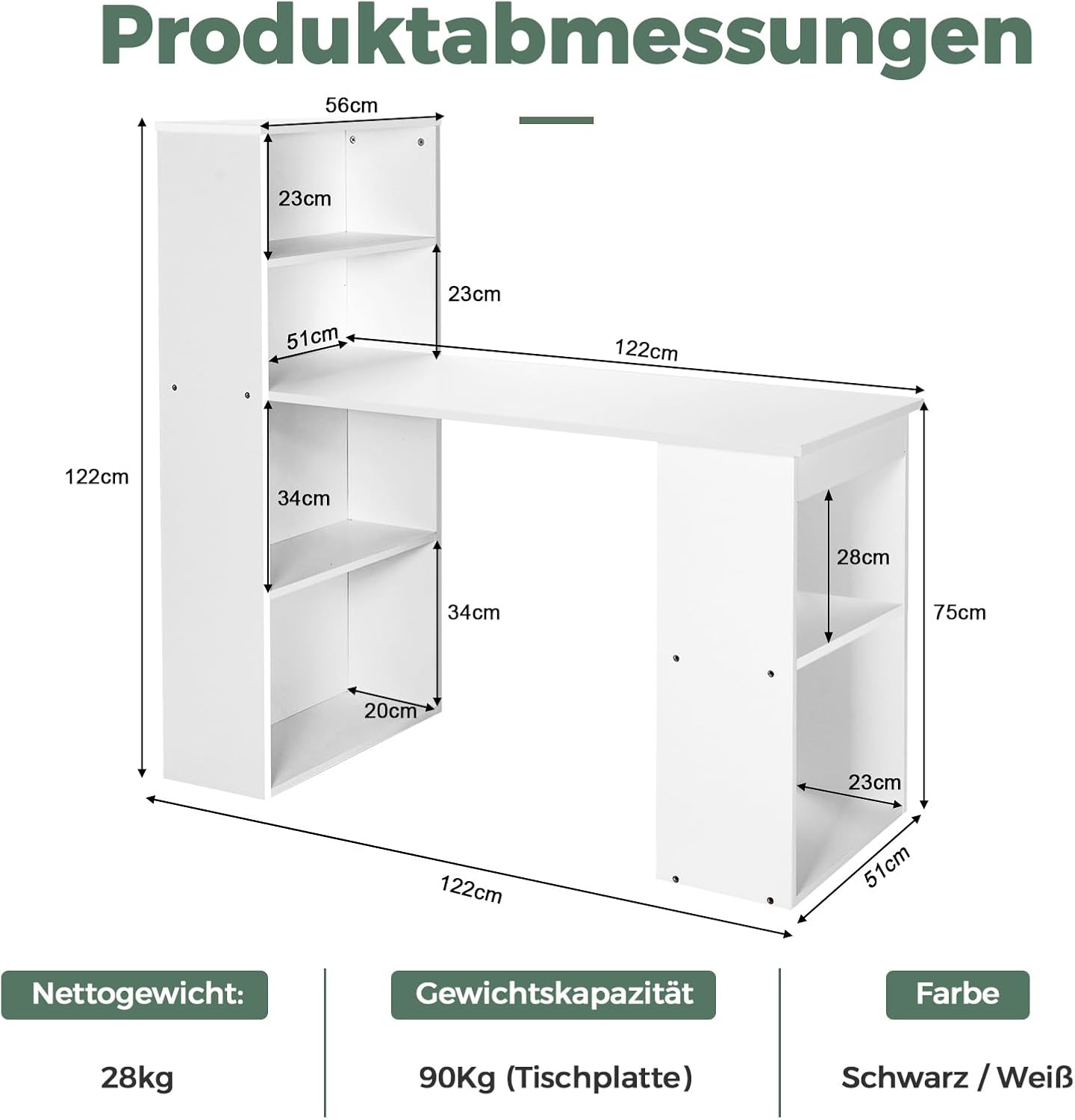 COSTWAY Schreibtisch mit Bücherregal, Computertisch mit 6 Regalen, PC-Tisch mit Regal rechts oder Links, Bürotisch, Arbeitstisch für Zuhause, Büro und Wohnheim, 122 x 56 x 122 cm, Weiß