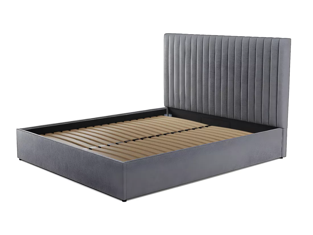 Lit coffre 160 x 200 cm avec tête de lit coutures verticales - Tissu - Gris + Matelas - SARAH