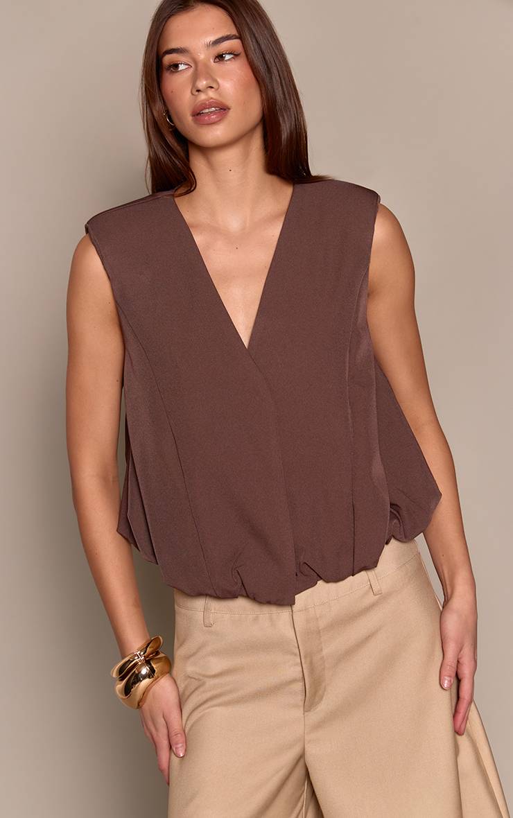 Chocolat Gilet Sans Manches Tissé À Ourlet Bouffant