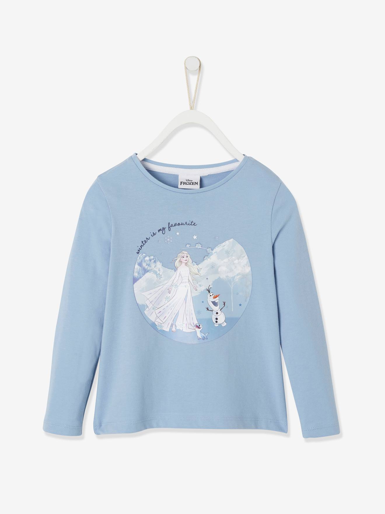 Camiseta de manga comprida DS® Frozen, azul médio liso com estampas.