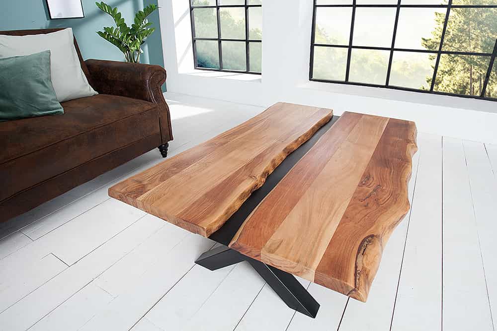Massivholz Couchtisch AMAZONAS 105cm Akazie schwarzes Metall X-Gestell Baumkante Live Edge