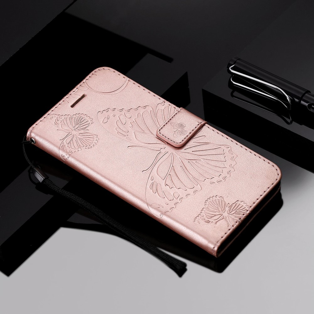 iPhone 14 Pro Leder Tasche mit Kartenfach   Handschlaufe Schmetterling - Roségold