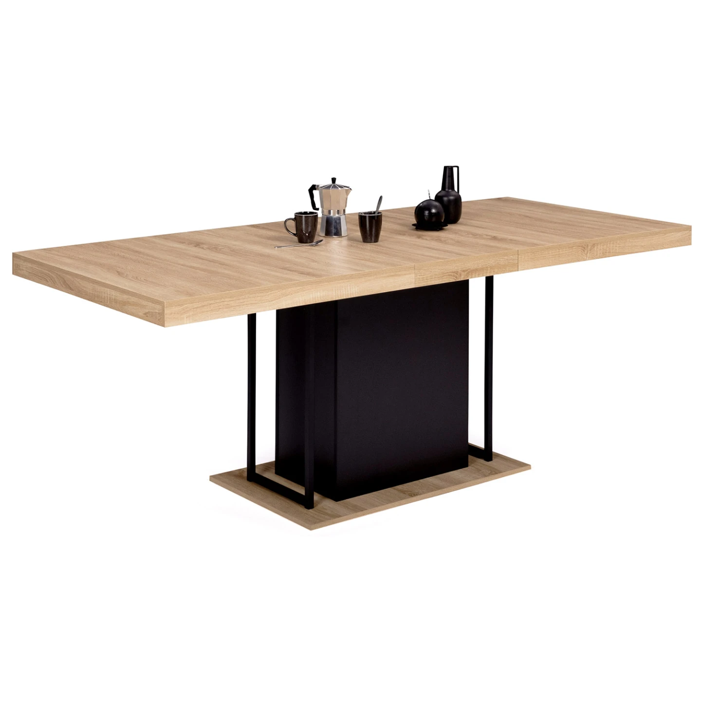 Table à manger extensible rectangle UGO 6-10 personnes bois façon hêtre et noir 160-200 cm