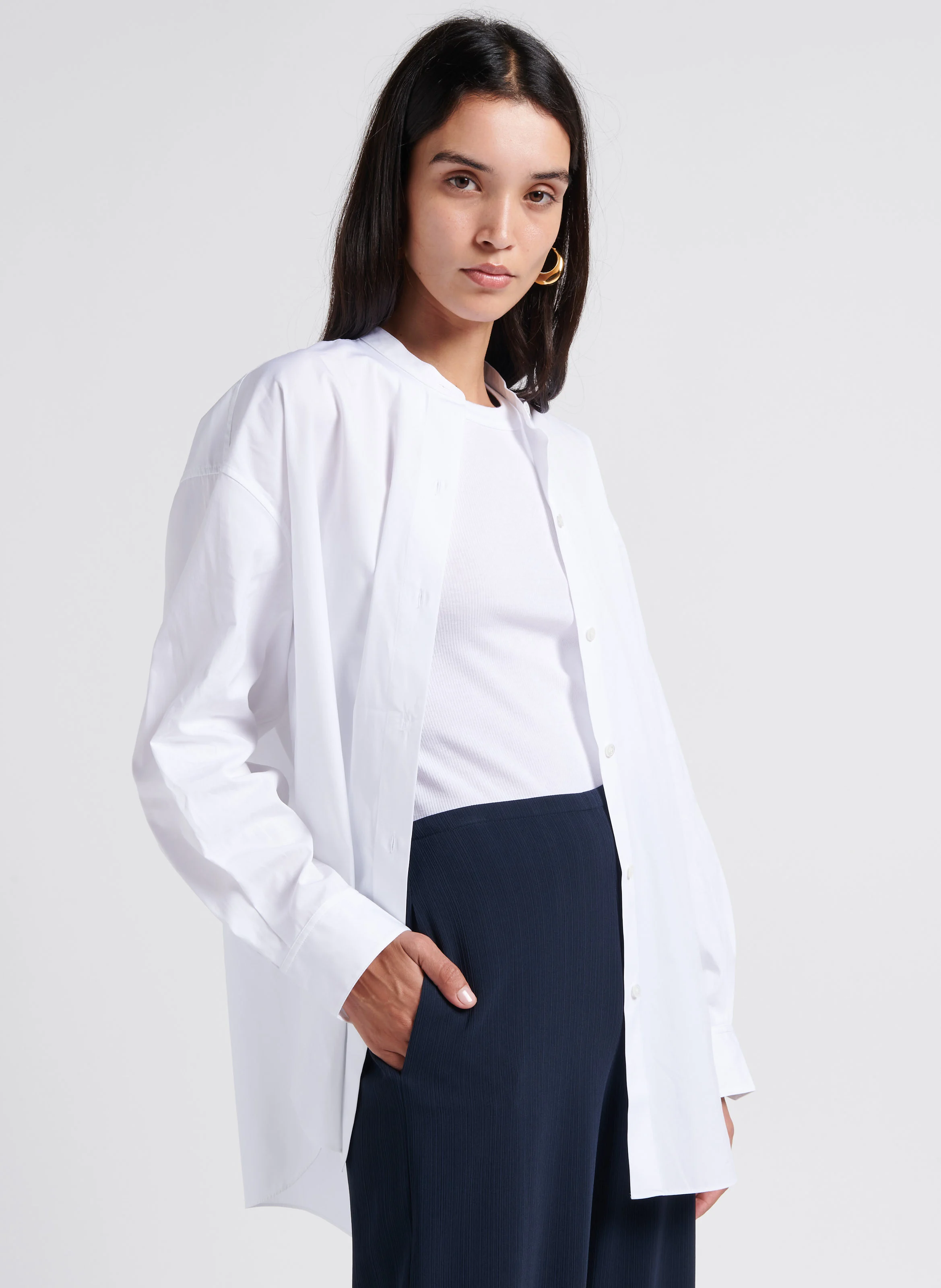Chemise ample col mao en coton | Blanc