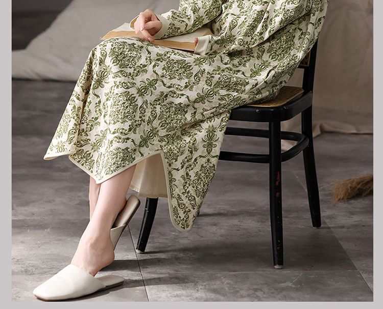Jeony - Midi-slaapjurk met lange mouwen, ronde hals, print en split